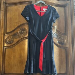 NEW Shelby & Palmer Pinstripe V Neck W/ Waist Tie Ruffle Hem Midi Dress size 8